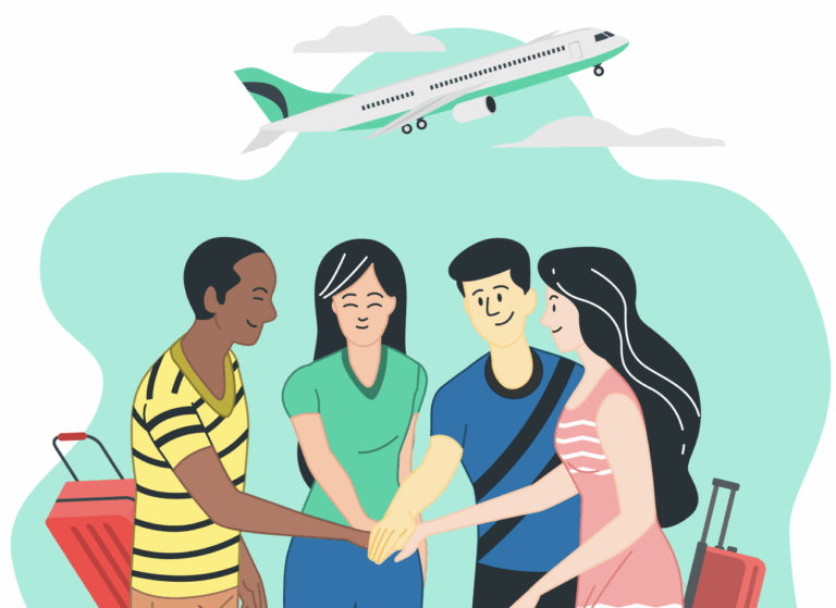 4 personnes qui se tiennent la main, symbole de l'entraide entre voyageurs